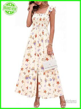 Women's Summer Maxi Dress Ruffle Sleeve Smocked Floral Slit Boho Beach Sundress